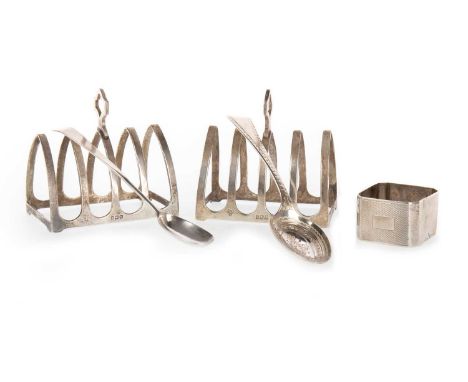 PAIR OF GEORGE V SILVER TOAST RACKS, ALONG WITH A NAPKIN RING AND TWO SPOONS the toast racks formed with five bars, the napki