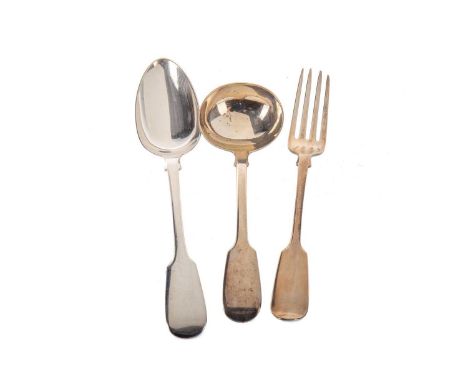 COMPOSITE SUITE OF SILVER FLATWARE, VARIOUS MAKERS AND ASSAYS comprising six fiddle pattern table forks, nine fiddle pattern 
