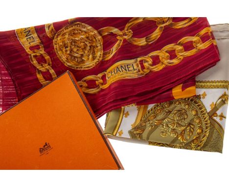 CHRISTIAN VAUSELLES FOR HERMES, 'SELLES A HOUSSE' SILK SCARF, ORIGINALLY DESIGNED 1967 in Hermes orange box, along with a Cha