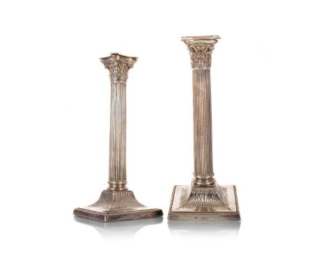 PAIR OF VICTORIAN SILVER CORINTHIAN COLUMN CANDLESTICKS, CHARLES BOYTON II, LONDON 1899 each with beaded nozzle over a fluted