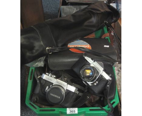 Box of assorted cameras and other equipment to include: Pentax asahi spotmatic, Agfa tripod stand, lenses and accessories etc