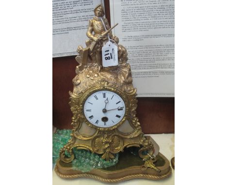 19th Century French spelter figure mounted mantel clock with Roman enamel face, on separate base. (B.P. 24% incl. VAT)