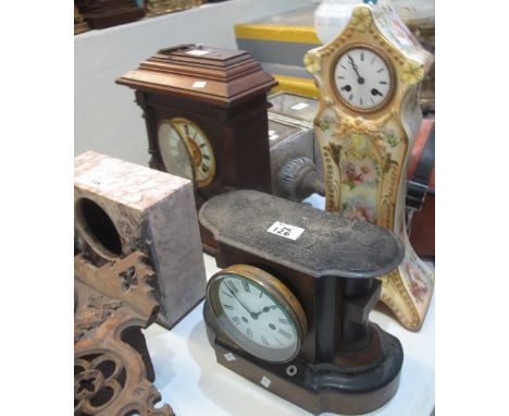 20th Century mahogany two train architectural mantel clock, together with other mantel clocks (one in art nouveau design) etc