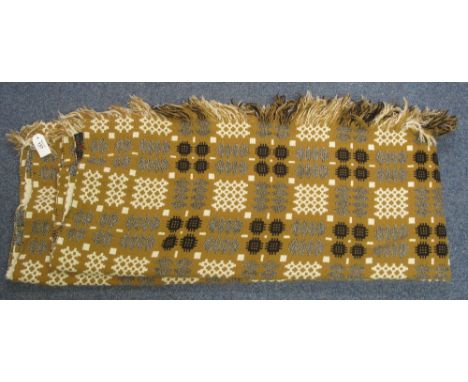 Brown ground vintage Welsh tapestry blanket with fringed edge, double size with a Derw product pure new wool label.(B.P. 24% 