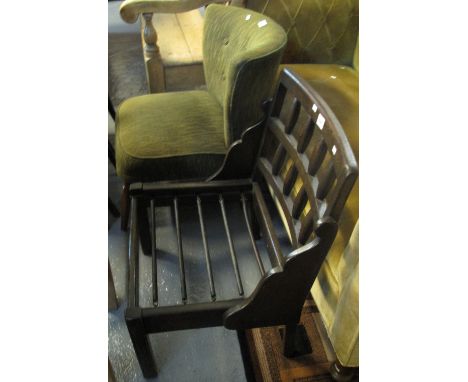 Mid 20th Century oak spindle back low chair (frame only), together with another upholstered button back chair. (2)(B.P. 24% i