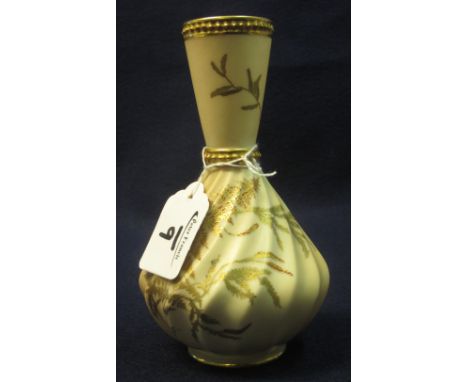 Royal Worcester porcelain blush ivory writhen baluster shaped vase with gilded fern decoration and printed marks to base with