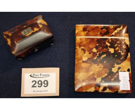 Tortoiseshell calling card case together with Georgian tortoiseshell dressing table miniature box raised on four ivory feet. 