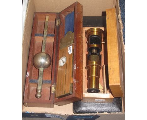 Interesting box of scientific items to include: case of drawing instruments, boxed hydrometer, small boxed field microscope i
