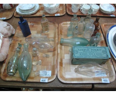 Two trays of vintage chemist and other bottles, some advertising to include: Vinos cough cure, toilet paraffin, The Allenbury