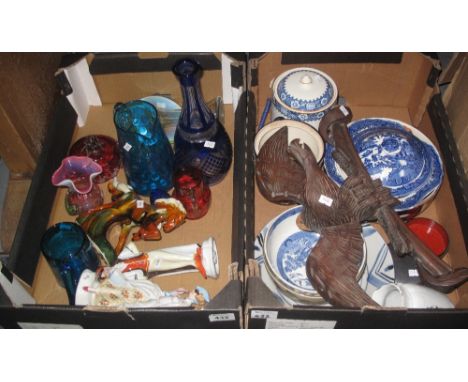Two boxes of china, glass and other items to include: blue flash cut decanter and stopper, art glass vases, cranberry glass v
