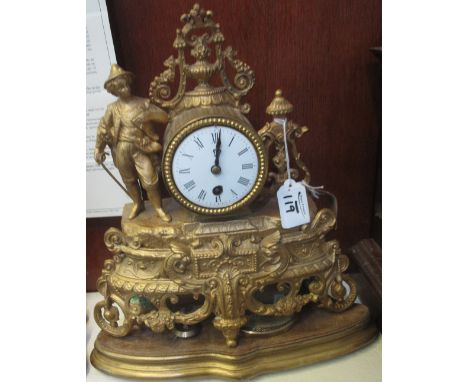 19th Century French spelter figure mounted mantel clock with Roman enamel face and separate base. (B.P. 24% incl. VAT)