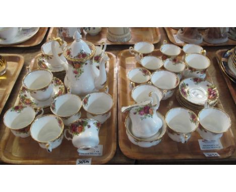 Two trays of Royal Albert fine bone china 'Old Country Roses' teaware to include: cups, saucers, milk jugs, sucriers, teapot 