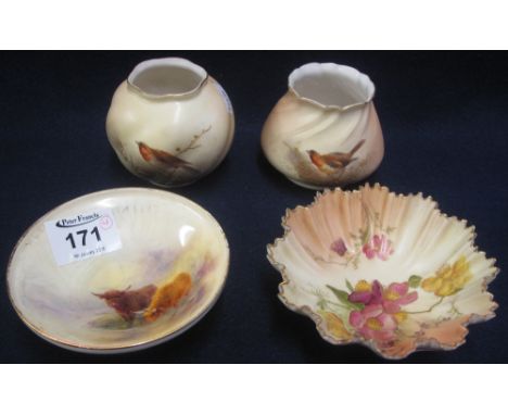 Three small items of Royal Worcester peach ground porcelain, dish and two open vases painted with flowers and birds. Together