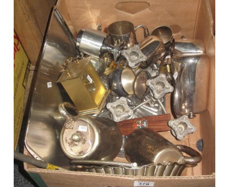 Box of assorted metalware, various to include: teaware, candelabra, tankards, model brass quartz mantel clock etc. (B.P. 24% 