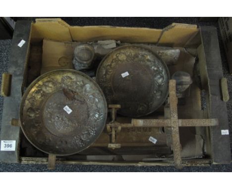 Vintage cast metal scales, together with a pair of fire dogs with figureheads. (B.P. 24% incl. VAT)