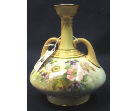 Royal Worcester porcelain squat baluster shaped two handled vase with extended neck, painted with flowers on an ivory ground.