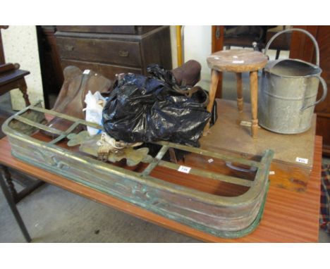 Collection of items to include: brass fire fender, leather horse saddles, miniature stool, galvanized watering can etc. (B.P.