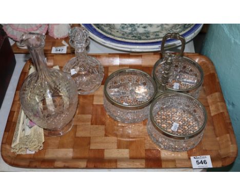 Tray of glassware and other items to include: three section hobnail cut and silver plated hors d'oeuvres tray, miniature mall