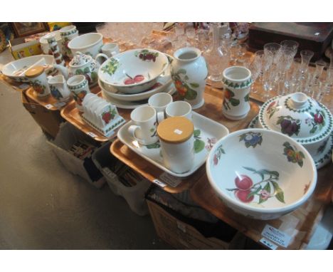 Five trays of Portmeirion pomona design items to include: lidded canisters, mugs, bowls, toast rack, teapot, vases, candle st