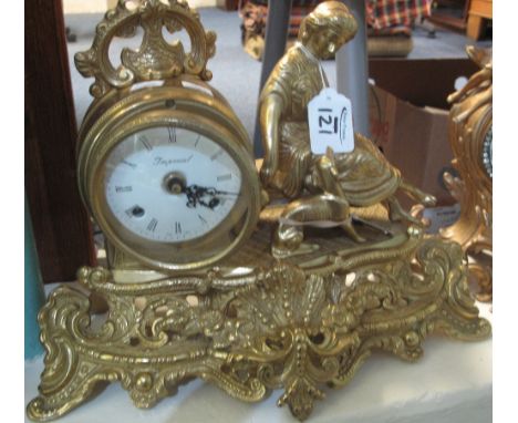 Yellow metal figure mounted two train mantel clock in the French taste with Roman enamel face. (B.P. 24% incl. VAT)