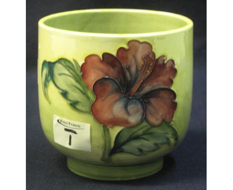 Moorcroft art pottery straight sided vase or planter decorated with tube lined flowers on a graduated green ground. Green W.M