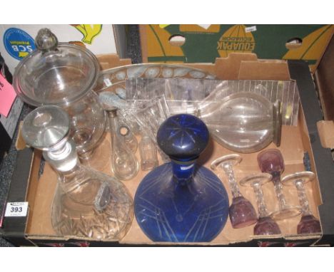 Two boxes of china and glass to include: Portmeirion Greek key part coffee set, Fenton blue and white china teaware items, bl