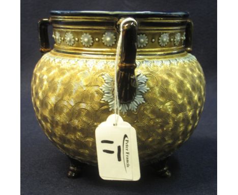 Royal Doulton slaters patent cauldron shaped three handled planter with swirled gilt ground on three feet, impressed marks to