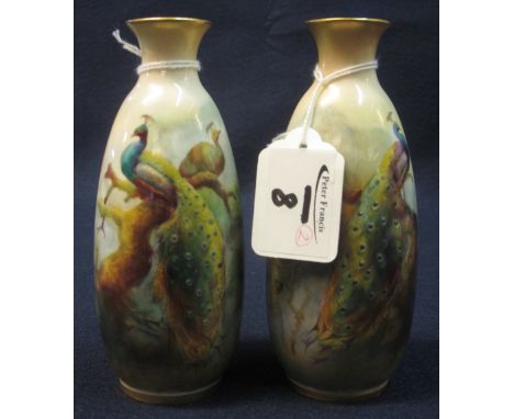Pair of Royal Worcester porcelain hand painted ovoid vases decorated with peacocks amongst foliage, printed marks to base wit