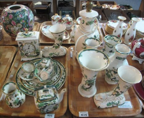 Two trays of Masons Ironstone Chartreuse design items to include: table lamp, mantel clock, pill boxes, baluster vases etc. (