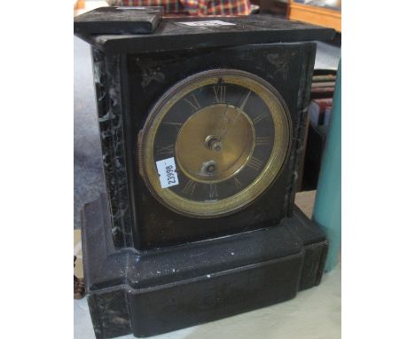 Late 19th/early 20th Century black slate and veined marble single train mantel clock with gilded Roman face. (B.P. 24% incl. 