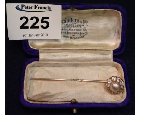 Gold set Victorian pearl and diamond stick pin. (B.P. 24% incl. VAT) CONDITION REPORT: Grubby and worn but no damage.