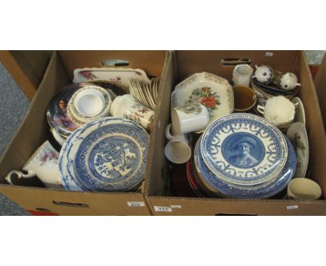 Two boxes of assorted china to include: blue and white and other cabinet and dinner plates, Royal Albert lavender rose teapot