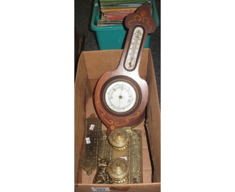 Box of assorted items to include: aneroid wall barometer, brass desk inkwell, brass cribbage board etc.(B.P. 24% incl. VAT)