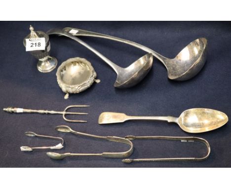 Two large silver plated ladles, a pair of Georgian silver sugar nips, two pairs of silver plated sugar nips, silver plated br