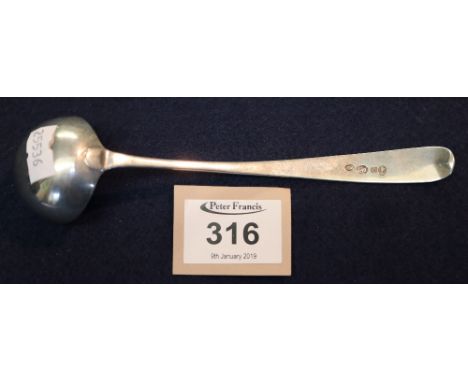 Small Georgian Scottish provincial silver ladle in plain design with Greenock hallmarks, makers initials JH for John Heron. 1