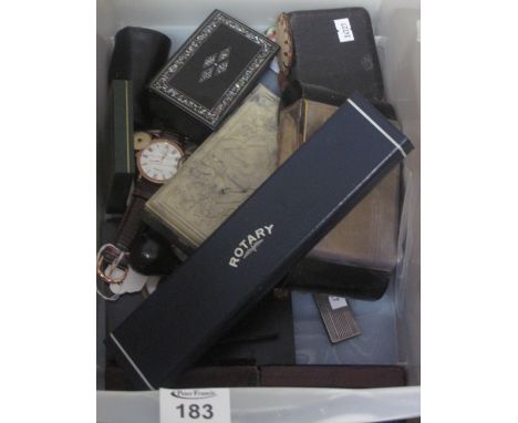 A box of assorted oddments, various to include: silver plated cigarette box, silver and other cufflinks, modern Sekonda wrist