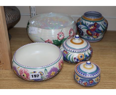 A Poole pottery vase, bowl and two jars and cover and a Maling bowl