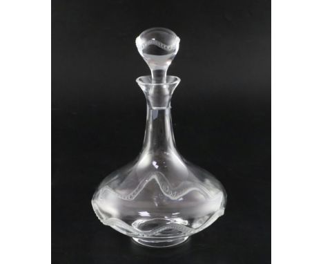 A Lalique Crystal 'Champs de Mars' decanter and stopper applied with frosted wavy beaded bands, etched signature to base, H 2