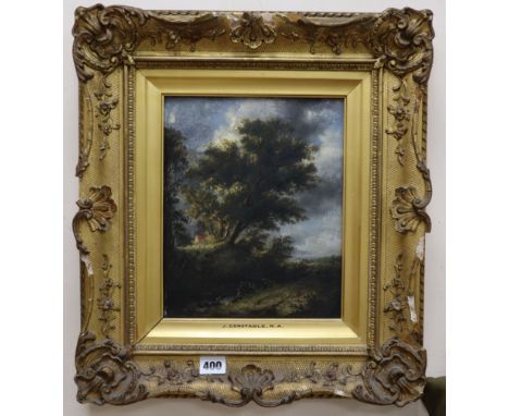 Manner of John Constable, oil on panel, figure and cottage in a landscape, 28.5 x 23cm