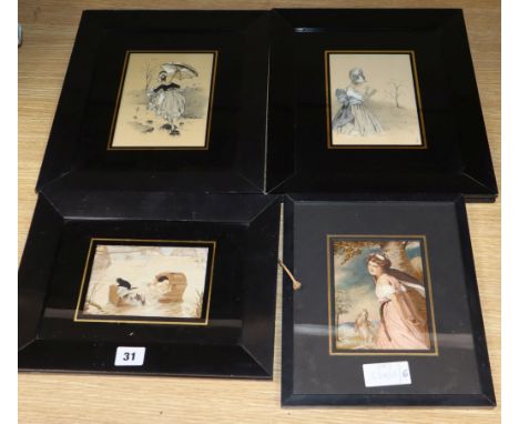 K. Laing - four early 20th century silk embroidered drawings