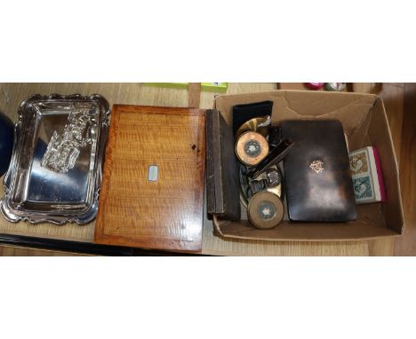 A tortoiseshell box, another, a pair of scales, fan, two compacts, enamel spoons, sewing box and plated entree dish
