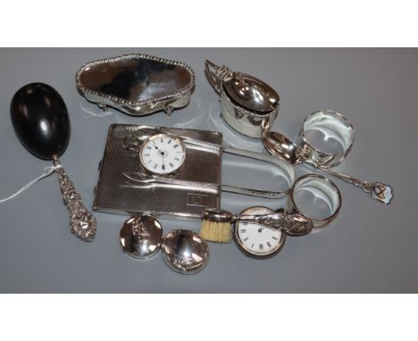 Mixed silver etc. including a silver cigarette case, silver mustard, trinket box, napkin rings, Georgian silver tongs, two fo