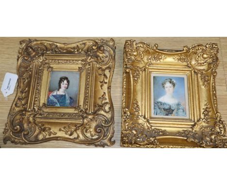 C W Thompson, head and shoulder portrait of a lady and another watercolour on ivory miniature portrait of a lady