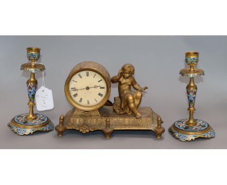 A pair of champleve enamel candlesticks and a gilt mantel clock candlesticks 18cm