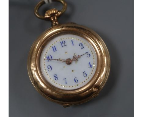 A 585 yellow metal, enamel and rose cut diamond set fob watch, with Arabic dial.