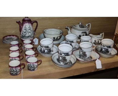 A collection of English porcelain bat-printed teaware, probably New Hall and a Grays Pottery lustre coffee service