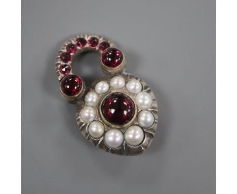 A yellow and white metal, split pearl and garnet set padlock pendant?, 39mm.