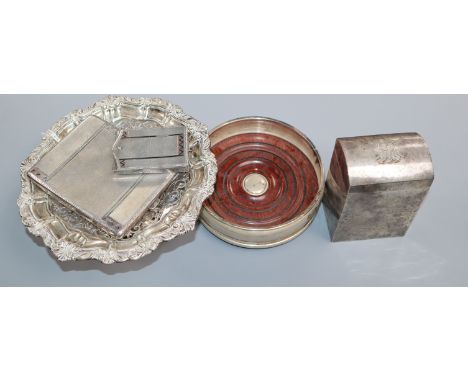 An Edwardian silver playing card case, Nathan &amp; Hayes, Chester, 1906 and four other items including a silver tazza &amp; 