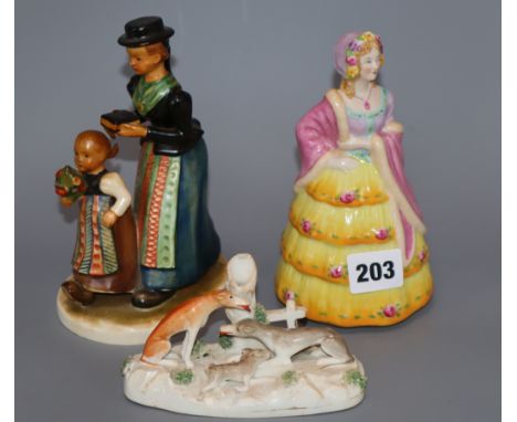 A Goss Lady Betty figure, a Goebel group and a Staffordshire porcelain greyhound group, c.1830-50