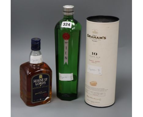 One bottle of Grahams 10 year old Tawny, one Tanquerey 10 year old Gin and House of Lords, 12 year old blended Scotch Whisky